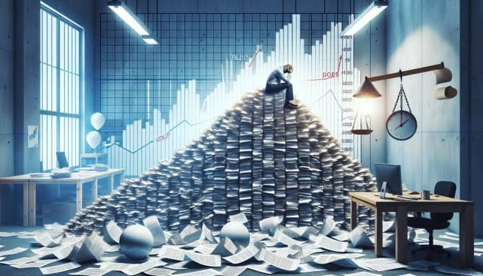 Individual overwhelmed by increasing debt, surrounded by bills and a soaring DTI ratio graph in a disorganised office.