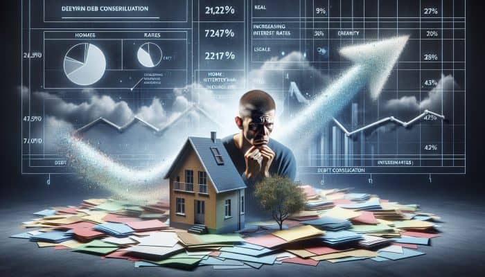 UK homeowner anxiously observes declining home equity amid rising interest rates, surrounded by debt consolidation documents.