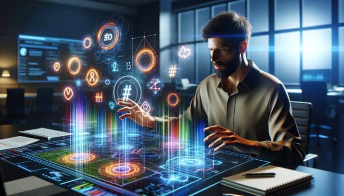 A digital marketing expert evaluating trending hashtags on a futuristic screen with SEO graphs and colourful data visualisations in a modern office.