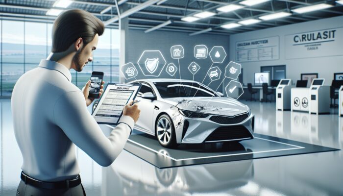 Individual inspecting rental car, documenting damages, with insurance paperwork and checklist at a modern facility.