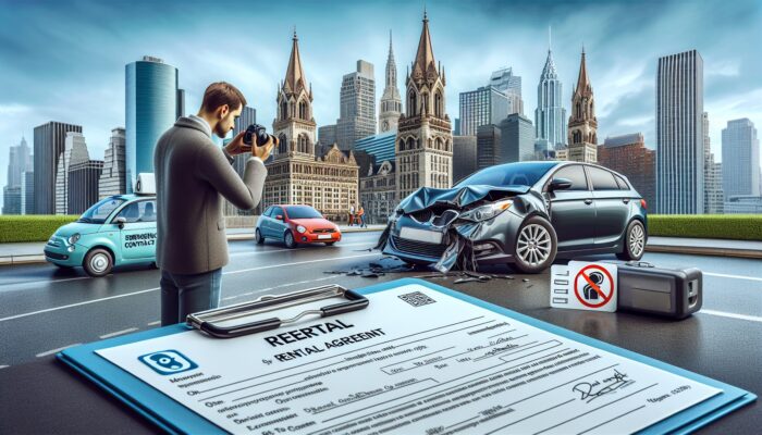 Individual documenting damaged rental car with agreement and emergency contacts in a foreign city.
