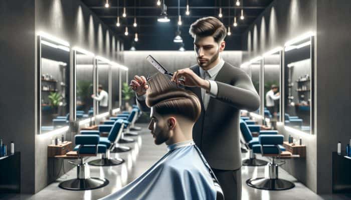 A barber skillfully cutting long layers in a man's hair in a modern shop with mirrors and focused lighting.