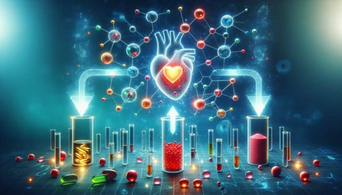 Diagram illustrating omega-3 and vitamins enhancing heart health, and vitamin E's adverse effect with blood thinners in a laboratory setting.