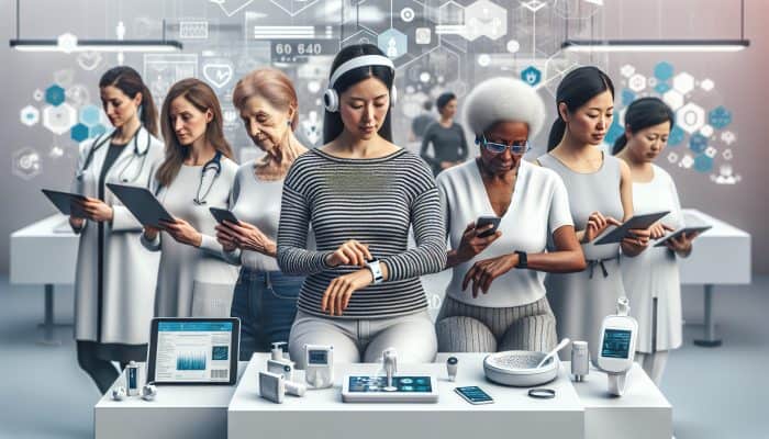 Diverse women using digital tools for remote consultations and personalized care in a modern health centre.