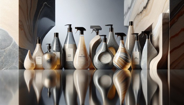 Bottles of high-quality pH-neutral stone floor cleaners from leading UK brands displayed on a marble countertop.