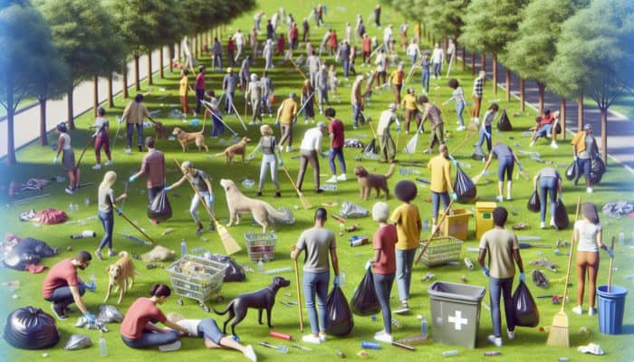 Dogs on leashes at a community cleanup, with volunteers providing water and first aid kits, using safe, biodegradable gear.