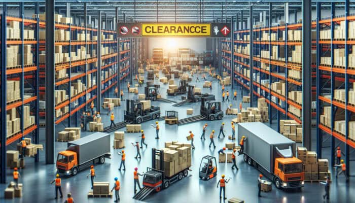 A bustling warehouse scene with clearance items being loaded onto trucks, demonstrating efficient logistics with workers and machinery.