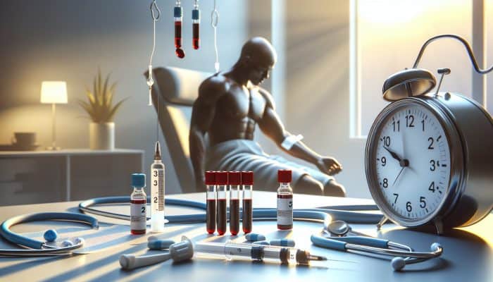 Person having blood drawn for testosterone test in the morning, surrounded by medical equipment and clock.
