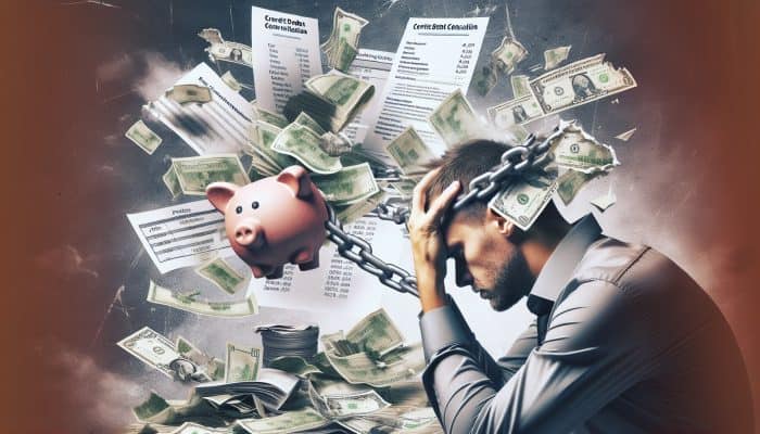 Does Debt Consolidation Mean More Debt: UK Insights | DCL Person overwhelmed by new debts post-consolidation, surrounded by financial documents, illustrating risk of increased debt.