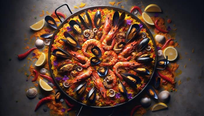 A vibrant paella with saffron rice, seafood including shrimp, mussels, squid, over a rich sofrito base.