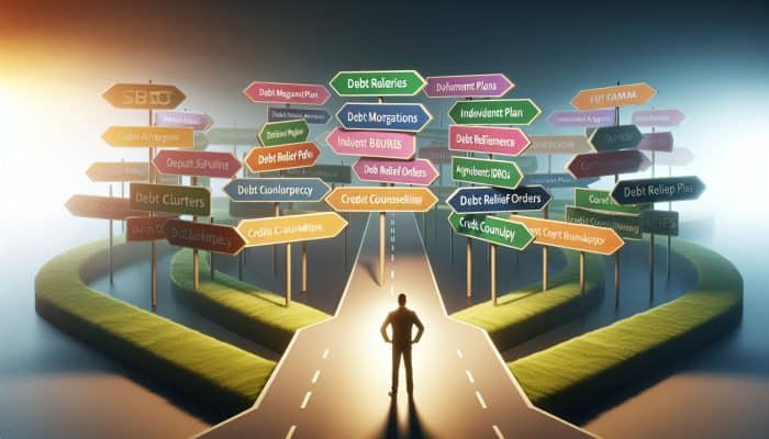 A person at a crossroads with signs pointing to debt relief options like DMPs, IVAs, DROs, and credit counseling in a hopeful setting.