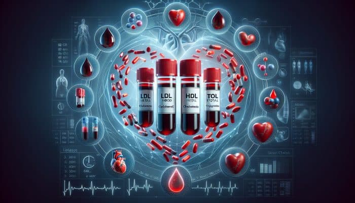 Cholesterol Blood Test in Brighton: Illustration of a cholesterol blood test with labelled vials for LDL, HDL, total cholesterol, and triglycerides, beside a human heart and arteries.