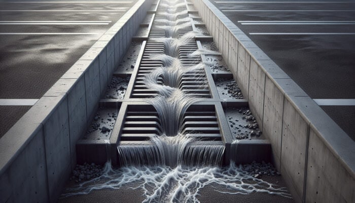 Surface drain in a parking lot, effectively capturing water into a grated trench, preventing pooling.