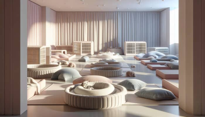 A serene room for senior pets with comfortable beds and calming colors, promoting peace and emotional comfort.