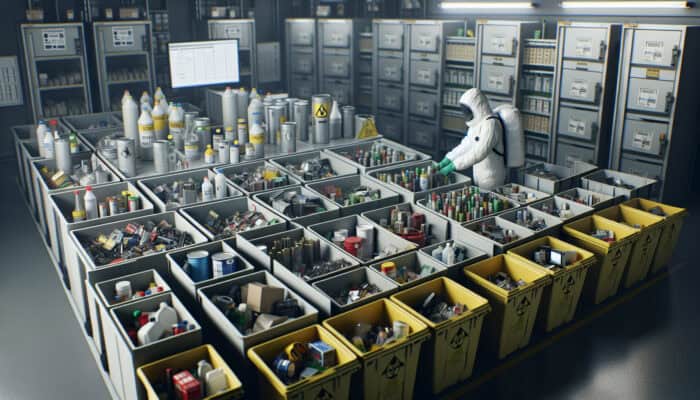 Person in hazmat suit disposing hazardous waste like batteries and electronics into bins at UK facility.