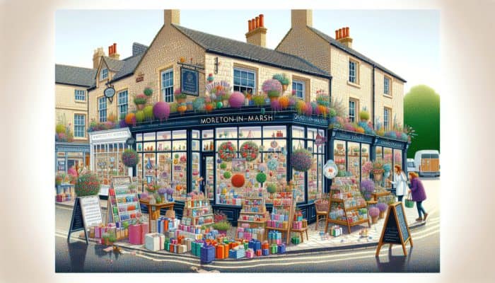 Local florist and café in Moreton-in-Marsh collaborate, displaying colorful gift packages and joint event banners, with happy customers.