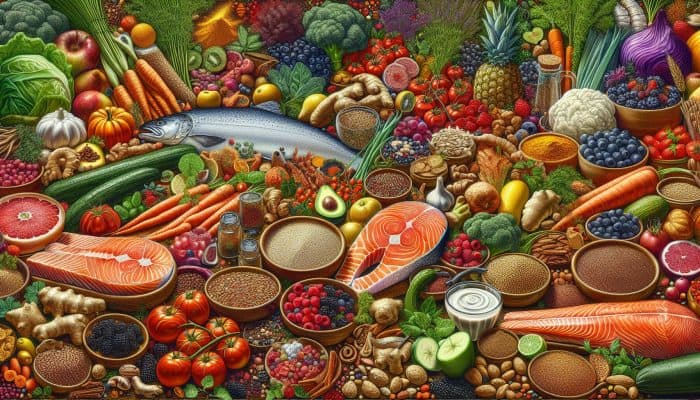 A kitchen countertop in the UK showcasing salmon, vibrant vegetables, berries, quinoa, nuts, seeds, turmeric, and ginger.