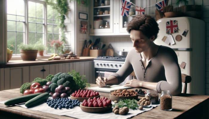 An individual in the UK documenting their food intake at a kitchen table, surrounded by healthy anti-inflammatory foods such as berries, nuts, and leafy greens.