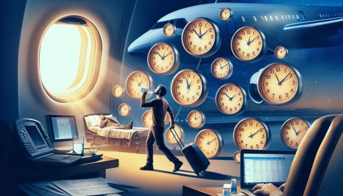 A traveller adjusting to a new time zone, shifting sleep schedule, staying hydrated, with clocks showing different times.