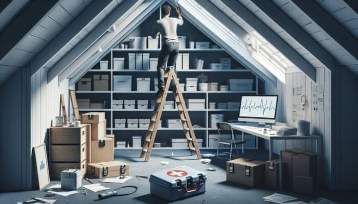 A person on a sturdy ladder clearing a loft, with a clutter-free workspace and visible first-aid kit.