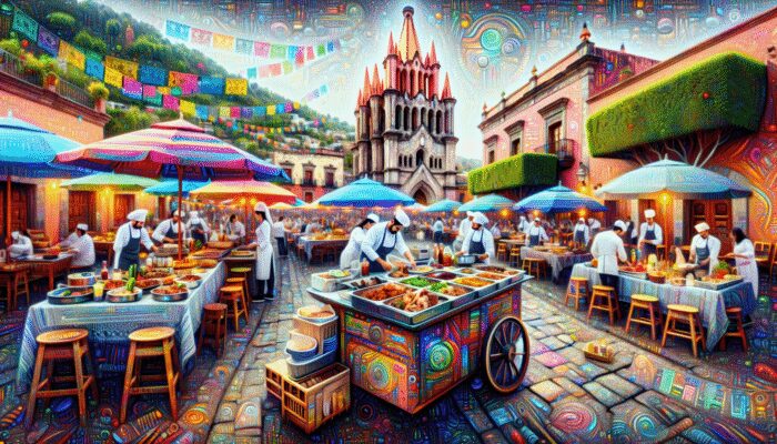 A lively culinary tour in San Miguel de Allende showcasing street food, gourmet dining, and cooking classes amidst festive celebrations.