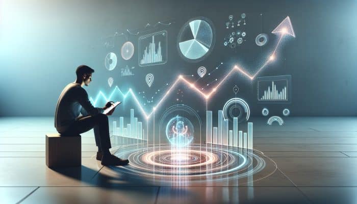 Tools to Monitor Your Credit During Consolidation: UK Focus | DCL Individual monitoring credit score on a device, surrounded by financial charts, focusing on consolidation phase report.