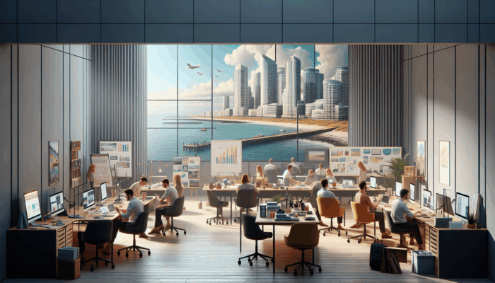 A team of professional web designers in a modern Sidmouth office, working on WordPress projects with coastal views.