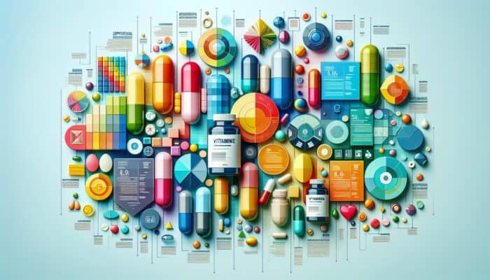 Colourful infographic featuring tips on crafting content centred around dietary supplements, highlighting vitamins and capsules.