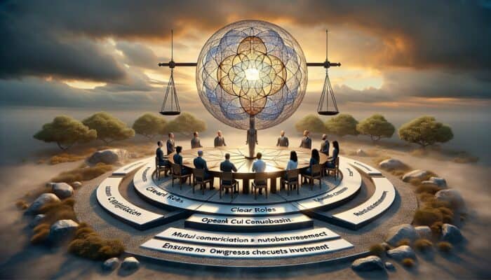 Infographic illustrating experts collaborating with defined roles, mutual respect, and open communication.