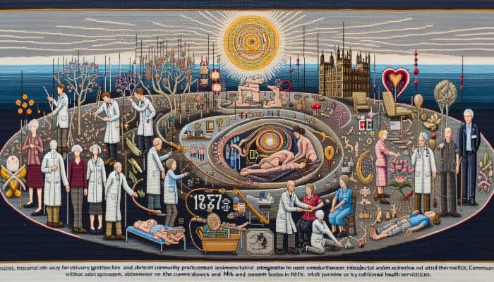 Acupuncture in Holistic Health Plans: A tapestry showing acupuncture's journey in Britain from the 1970s to NHS integration and urban acceptance.