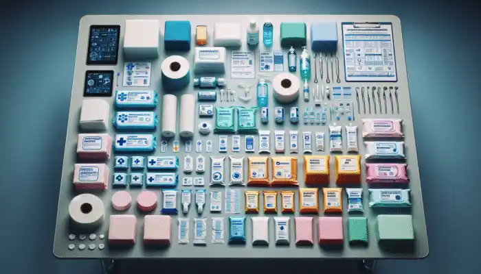 A selection of medical tissue wipes arranged on a clinical table, neatly organised and labelled.