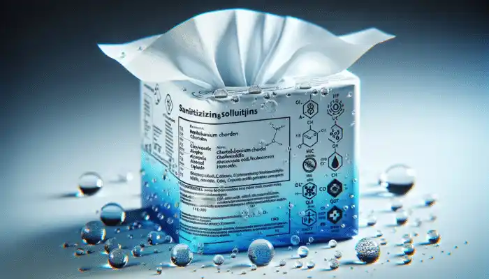 Medical tissue wipes with droplets of sanitising solution eradicating germs on a clinical surface.