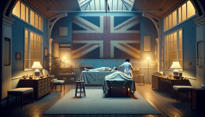 Investigation into Acupuncture Meridians: A 1970s UK clinic combining traditional Chinese acupuncture with modern British elements for local clientele.