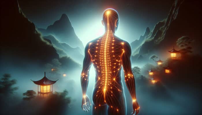 Visual representation of the human body with glowing acupuncture meridians, set against a serene Chinese landscape.