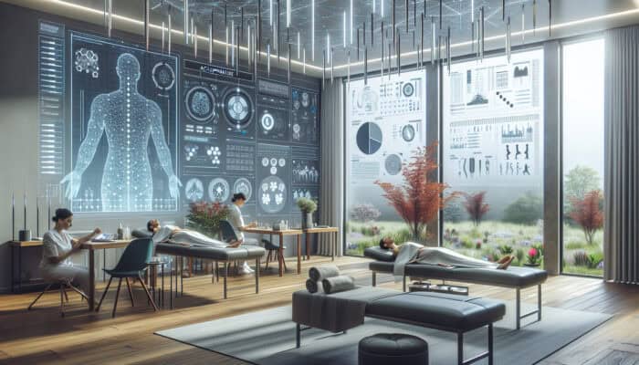 A peaceful UK clinic environment featuring patients receiving acupuncture, surrounded by advanced technology and natural elements, symbolising holistic healthcare and well-being.