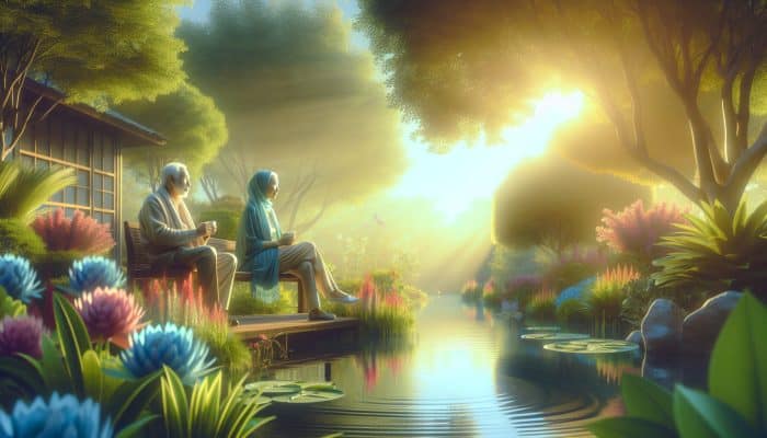 Mental Health for Retirees: Elderly couple in a sunlit garden, symbolising retirement well-being, with vibrant flowers and a calm pond.