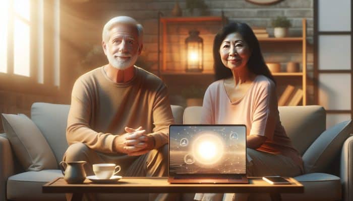 Elderly couple receiving virtual mental health support from NHS therapist on laptop in cosy room.