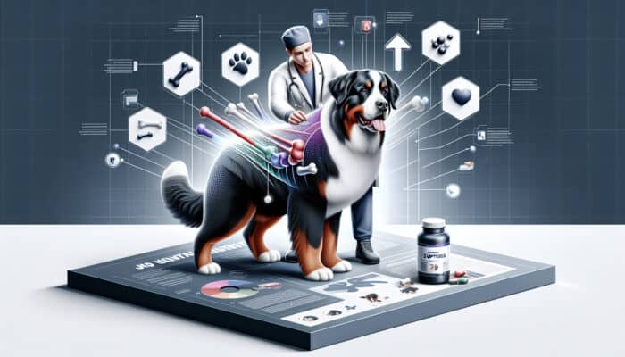 Infographic illustrating joint health supplements for Bernese Mountain Dogs, featuring veterinary examination and recommendations.