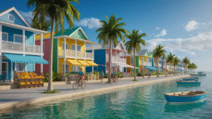 A row of colourful houses lines a waterfront street adorned with palm trees in Corozal Town, Belize. People ride bicycles along the sidewalk, small boats float on clear water, and fruit stands appear on the left—ideal for those seeking affordable living.