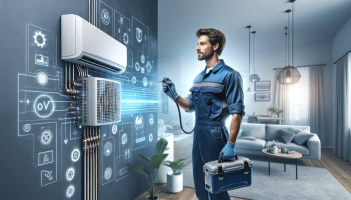 A technician in blue uniform servicing a modern heating system in a cozy home.