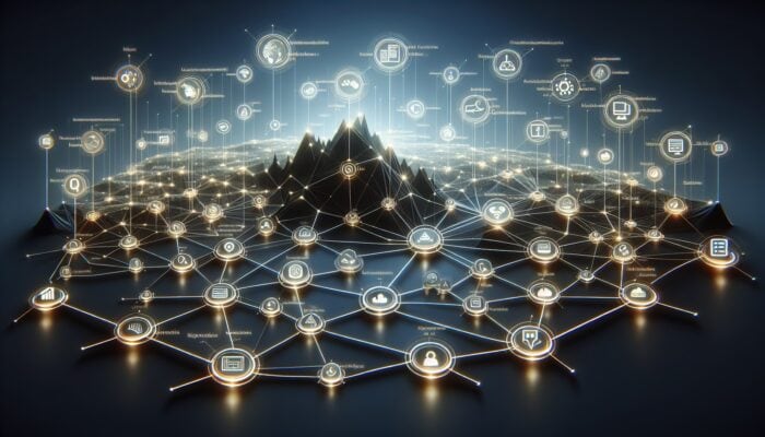 A digital landscape with glowing pathways connecting nodes, symbolizing a well-structured website with strategic internal links.