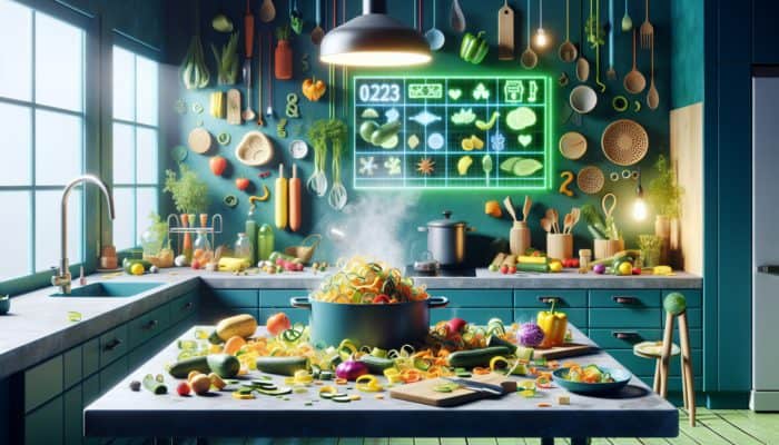 A colourful kitchen scene showcasing vegetable peels transformed into nutritious stock, illustrating eco-friendly upcycling.