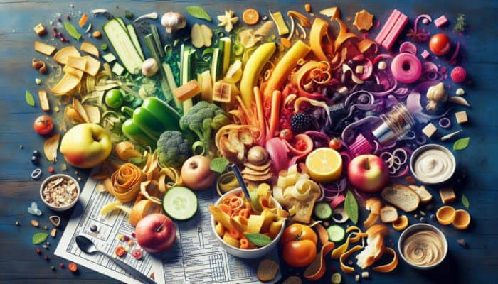 A vibrant kitchen scene with food scraps reinvented into delicious upcycled dishes.