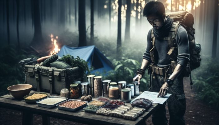 A rugged survivalist organizes grains, beans, canned vegetables, and nuts on a table in a forested camp at dusk.