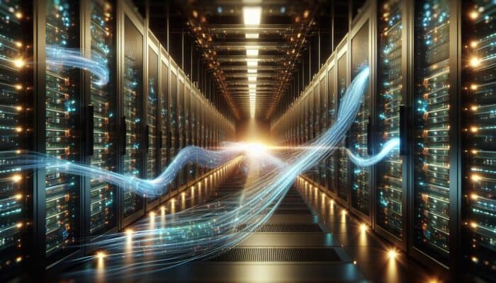 Glowing threads weave through a futuristic server farm, displaying rising performance graphs for improved speed and efficiency.