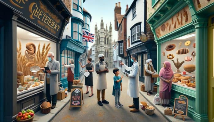 Gluten Intolerance Test in Canterbury: In Canterbury's historic clinic, a diverse group consults a doctor about gluten intolerance, surrounded by wheat symbols and gluten-free options.