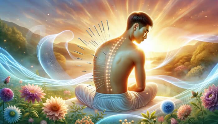 A serene person receiving acupuncture on their back, surrounded by glowing energy waves in a tranquil garden at dawn with blooming flowers.