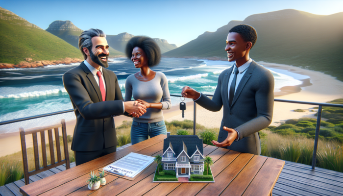 A cheerful real estate agent hands keys to a diverse couple on a sunny beachfront deck in Plettenberg Bay, with ocean waves, green hills, and property documents nearby.