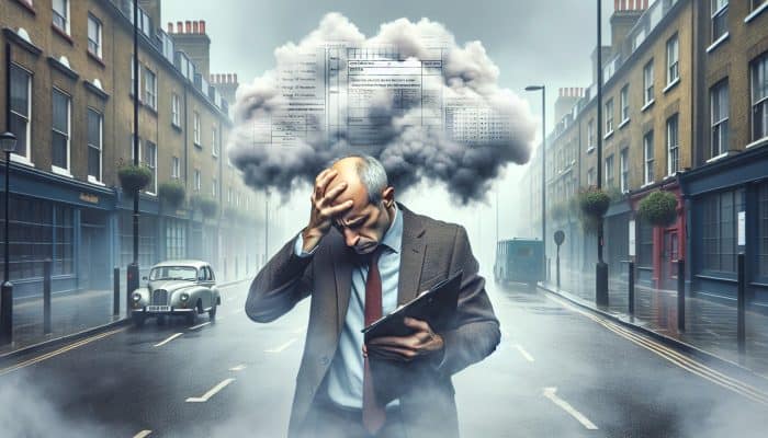 A middle-aged British man in a foggy London street clutches his head in frustration, symbolising low testosterone's impact on memory and focus.