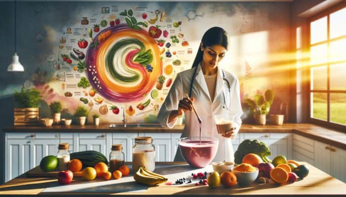 Nutritionist in a sunlit kitchen mixes protein powder into a vibrant smoothie bowl, surrounded by fresh fruits, vegetables, supplements, and a diet infographic.